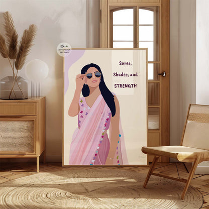 Modern art print of a woman in a pink saree and sunglasses, celebrating empowerment.