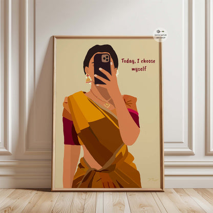 Cultural and modern empowerment art of a woman in a saree.