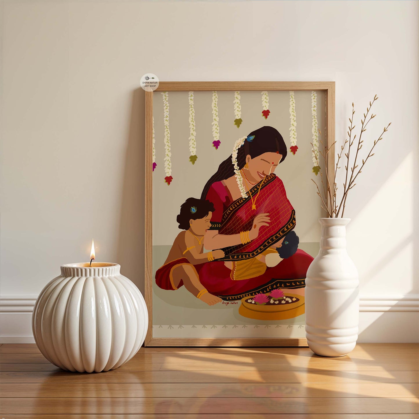 Traditional Indian illustration of mother and kids bonding together