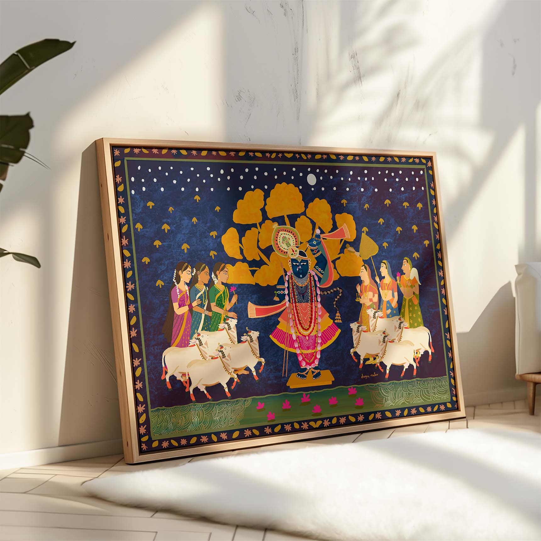 Premium Krishna wall art with moonlit lotus scene and sacred symbolism