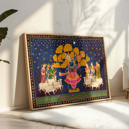 Premium Krishna wall art with moonlit lotus scene and sacred symbolism