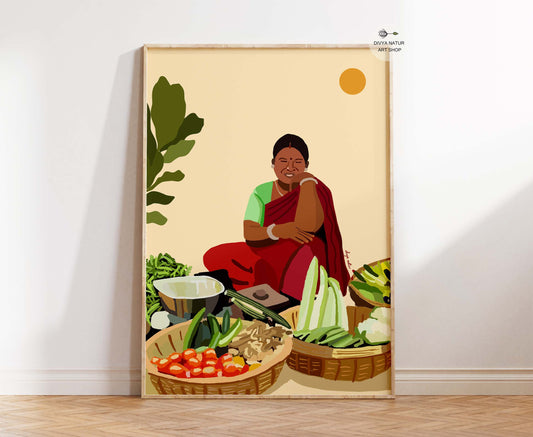 Indian vegetable seller fine art print celebrating rural life and folk culture.