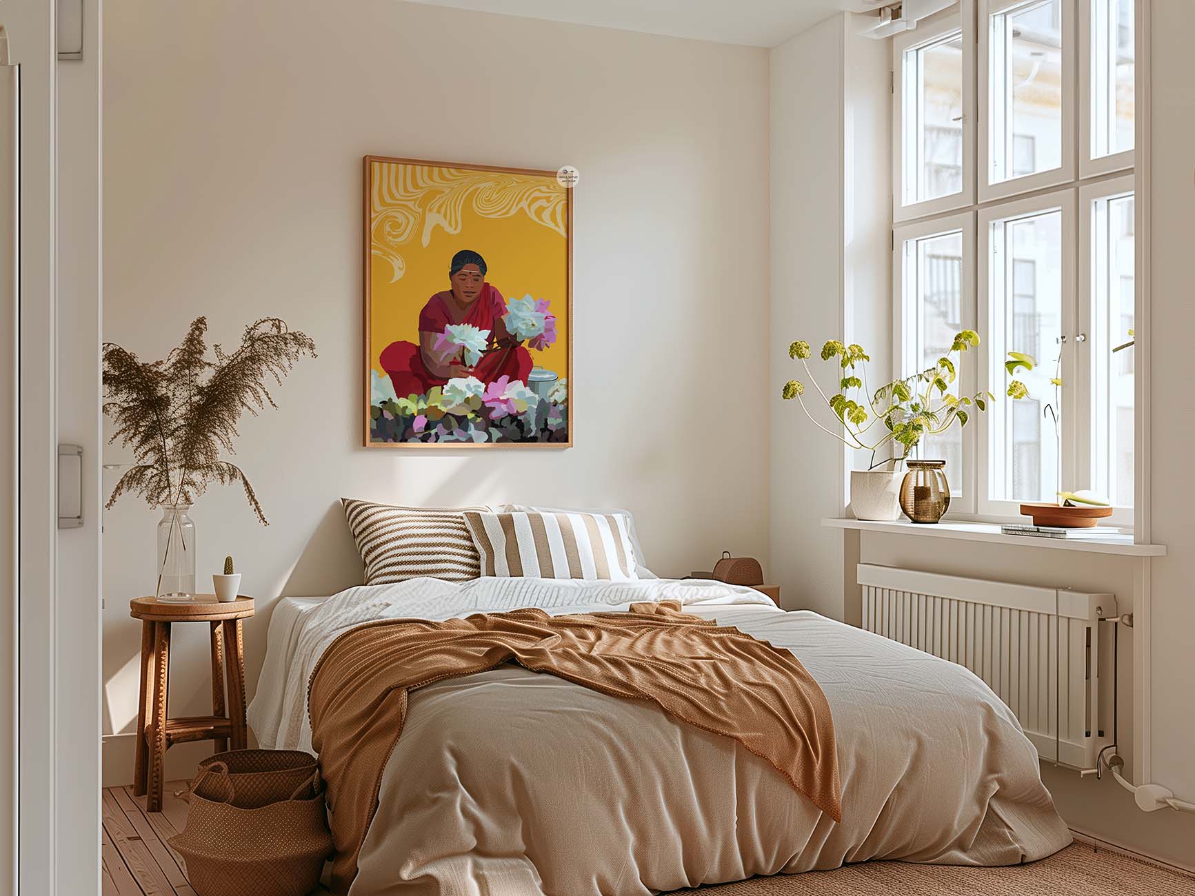 Spiritual fine art print of woman with lotus, perfect for Indian wall decor and meditation.