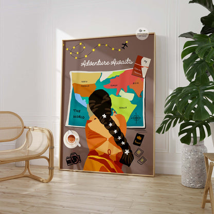 "Adventure Awaits" poster to inspire daily exploration.
