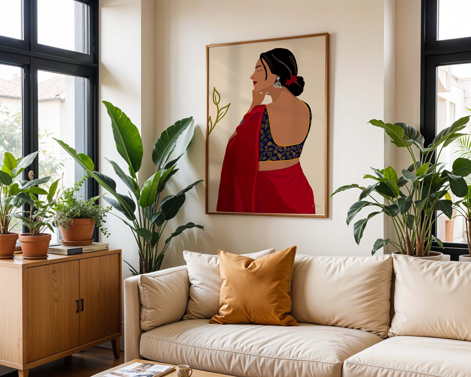 Red saree and Indian blouse illustration for cultural wall decor.