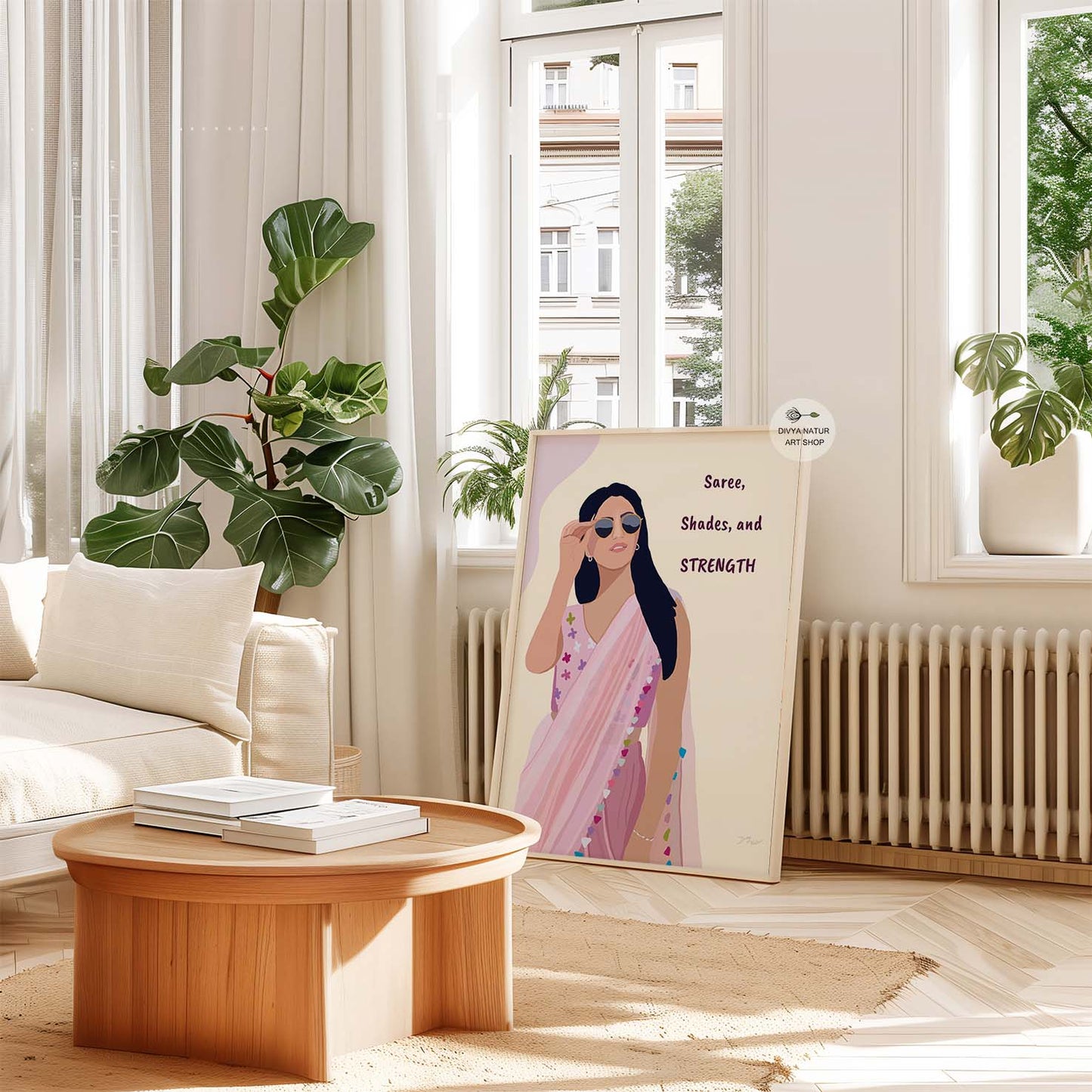 Feminine strength art of a woman in a saree with sunglasses, ideal for home decor.