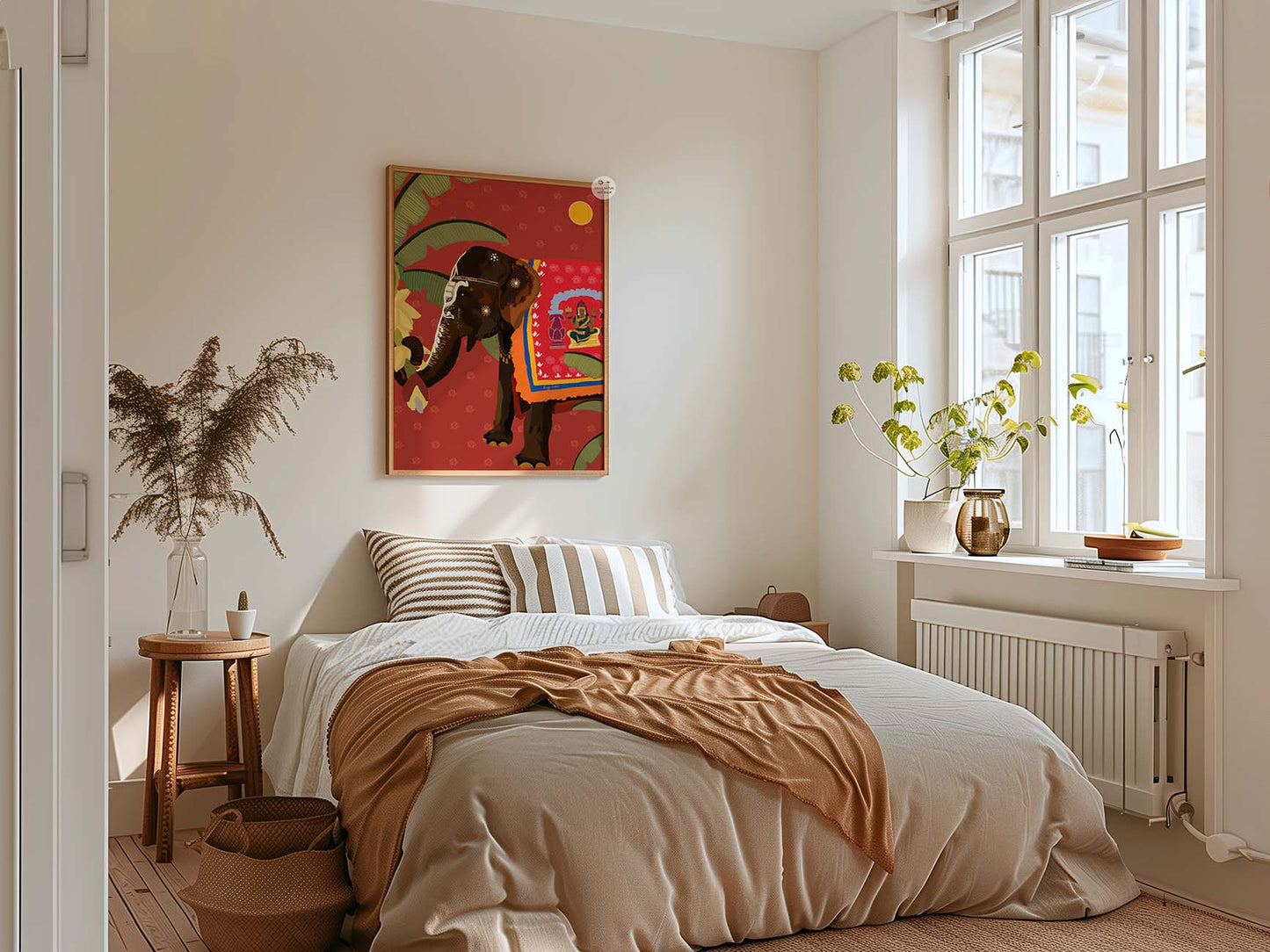 Ethnic festival elephant art print blending traditional Indian motifs and bright vivid hues.