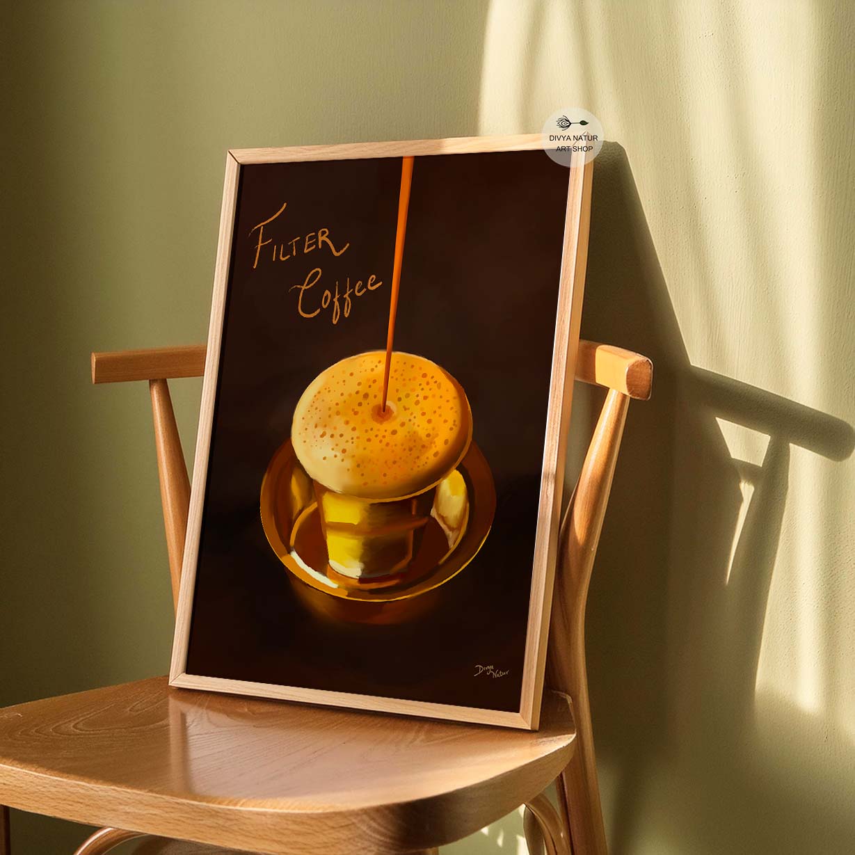 Painting of Indian filter coffee in brass tumbler for indian home decor