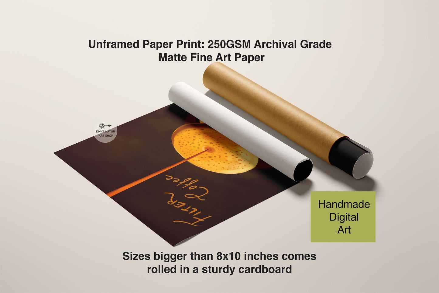 Filter Coffee Art Unframed paper print with a cardboard roll on a beige background, featuring handmade digital art.