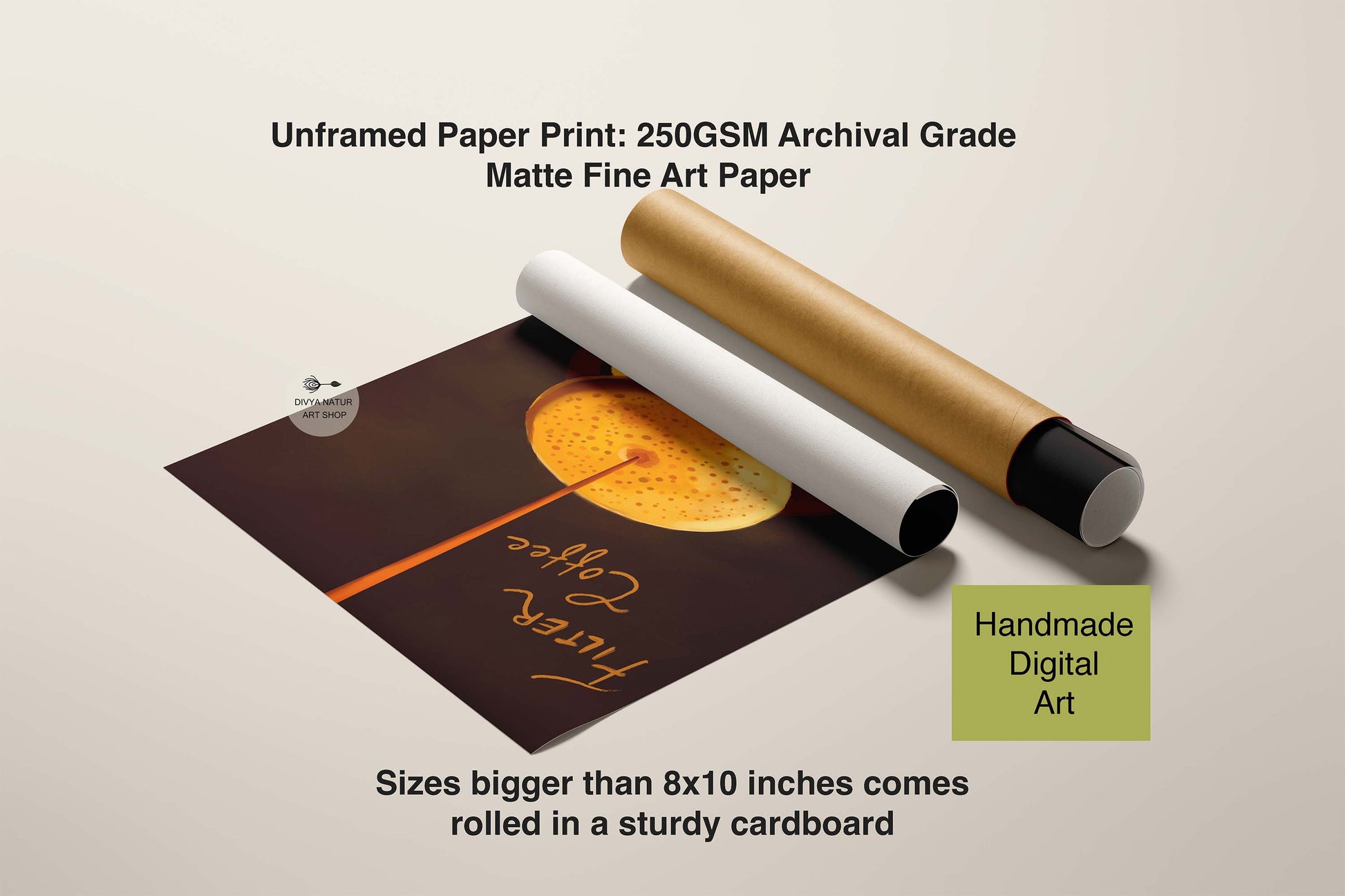 Filter Coffee Art Unframed paper print with a cardboard roll on a beige background, featuring handmade digital art.