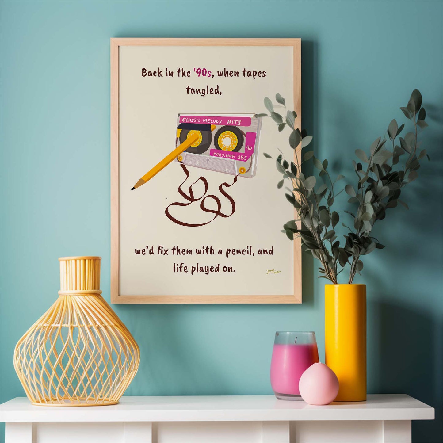 Colorful cassette tape artwork with a pencil winding up the tangled tape
