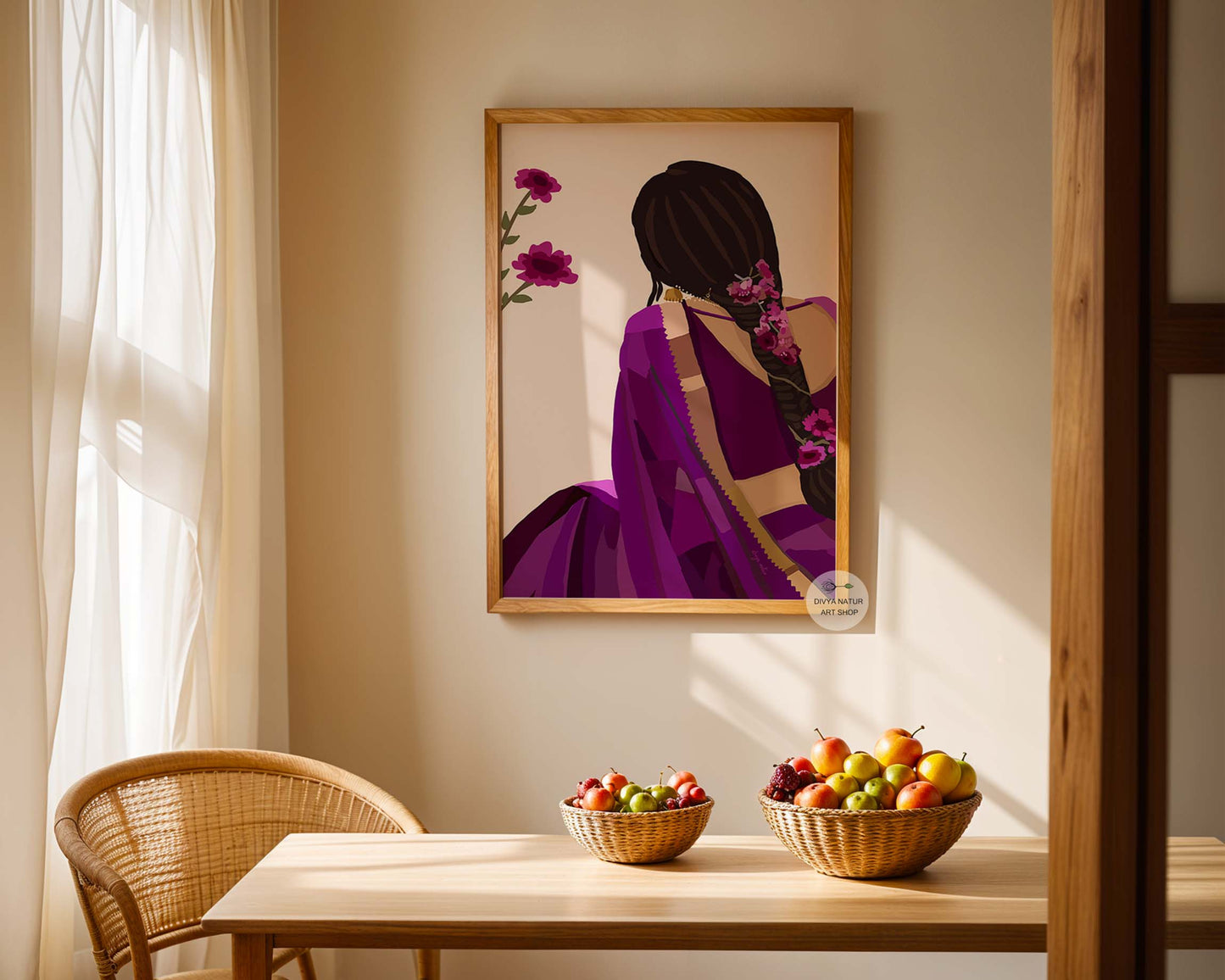 Purple saree fine art wall decor featuring floral braid back view