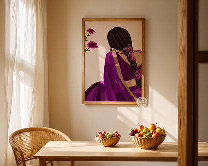 Purple saree fine art wall decor featuring floral braid back view