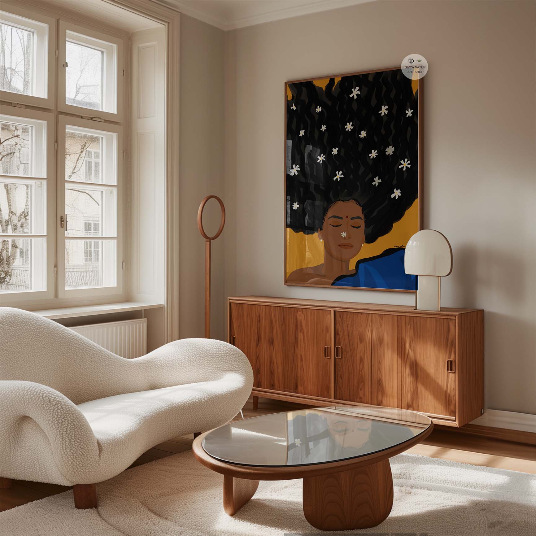 Modern Indian artwork symbolizing peace, balance, and femininity