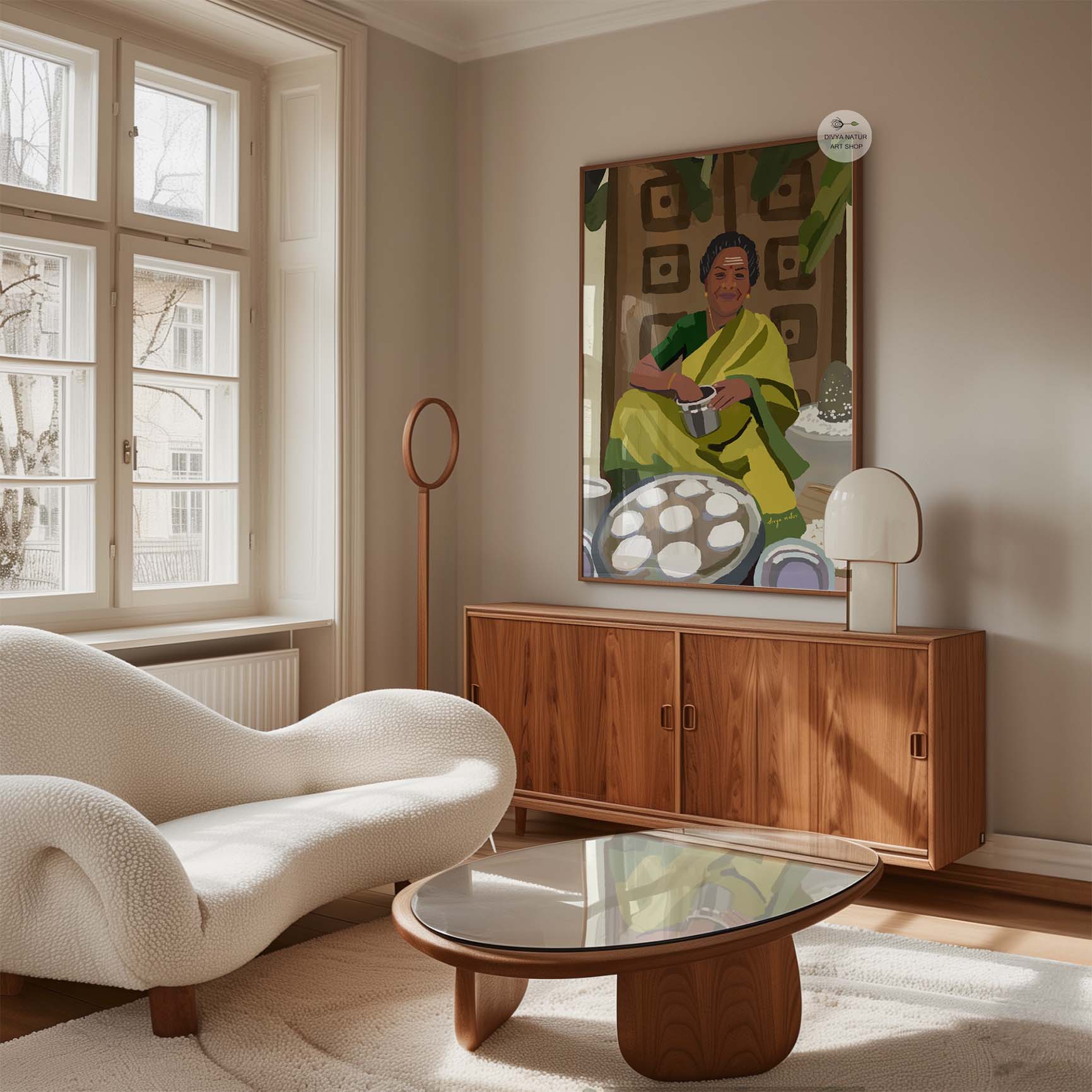 Cultural wall art of woman preparing idlis, inspired by Tamil heritage and warmth.