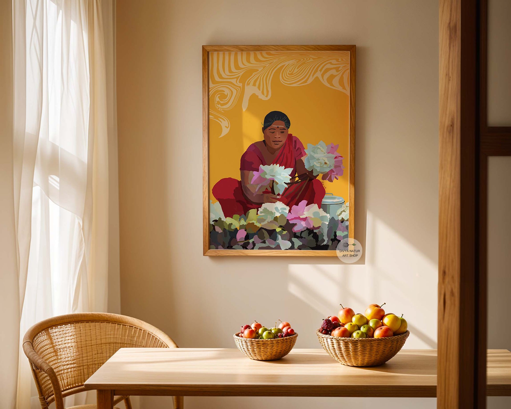 Handmade illustration of Indian woman carrying lotus blooms, vibrant and cultural.