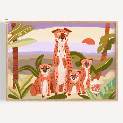 Cheetah family standing together at sunset with tropical foliage, wildlife fine art print