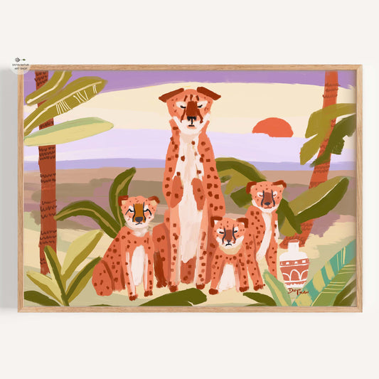 Cheetah family standing together at sunset with tropical foliage, wildlife fine art print