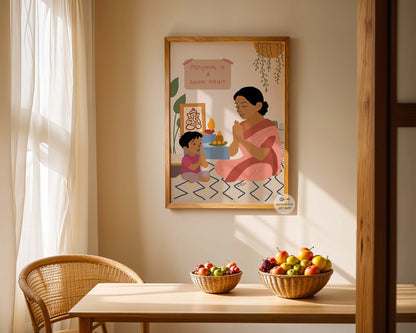 Spiritual nursery decor featuring praying mother and child illustration