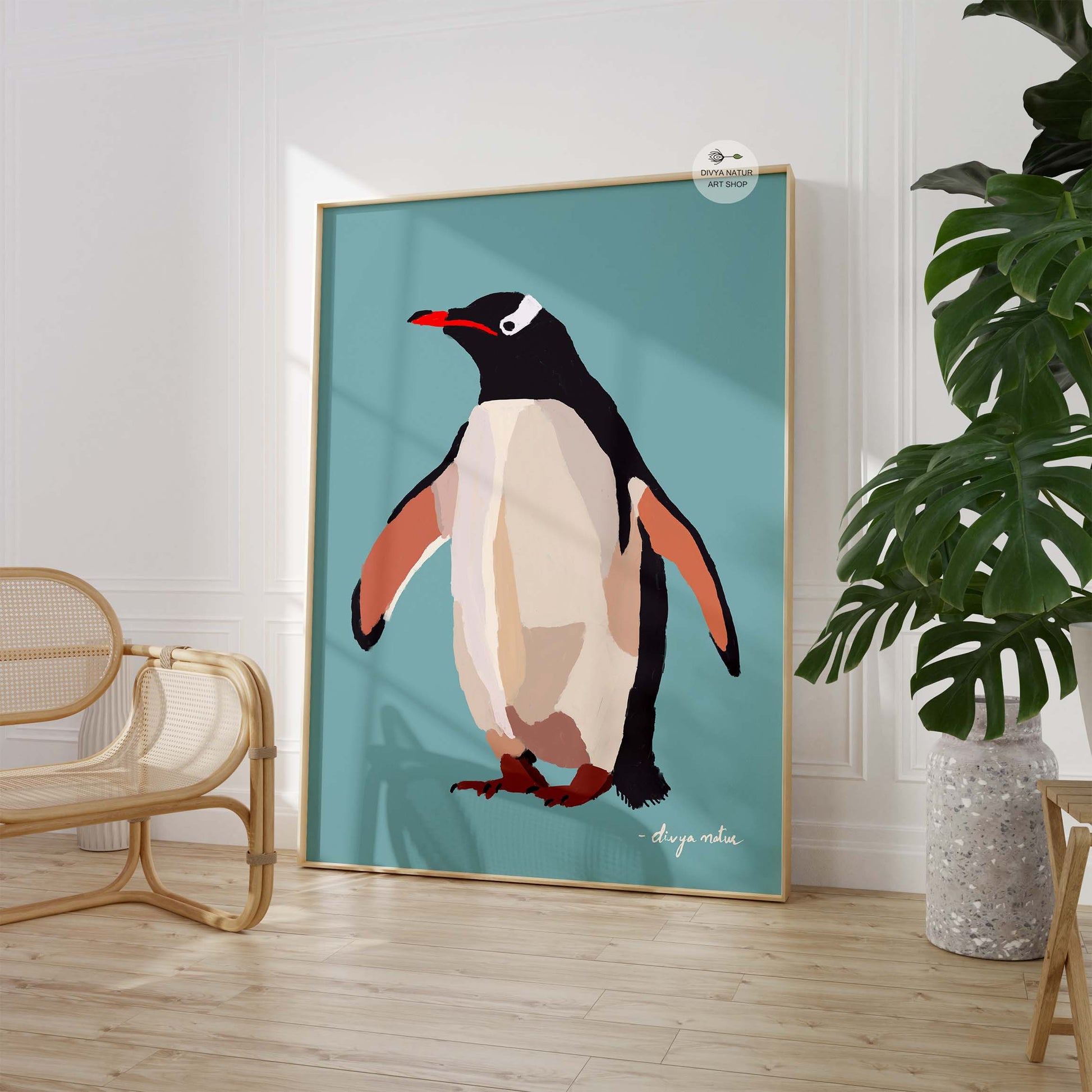 Bold penguin wall art in contemporary style, fine art print for ocean and bird enthusiasts