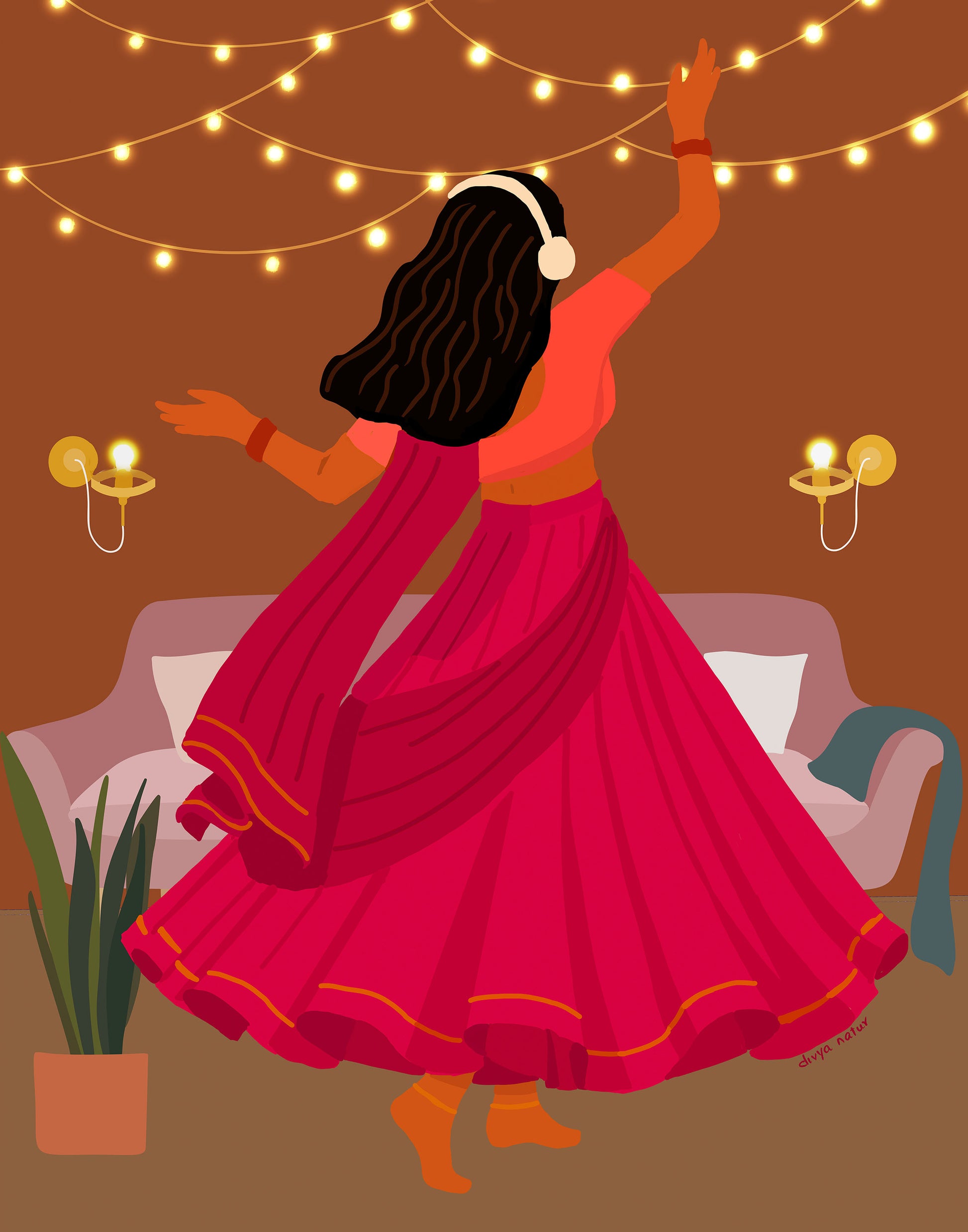 Cultural wall decor of woman twirling in saree with festive terracotta background