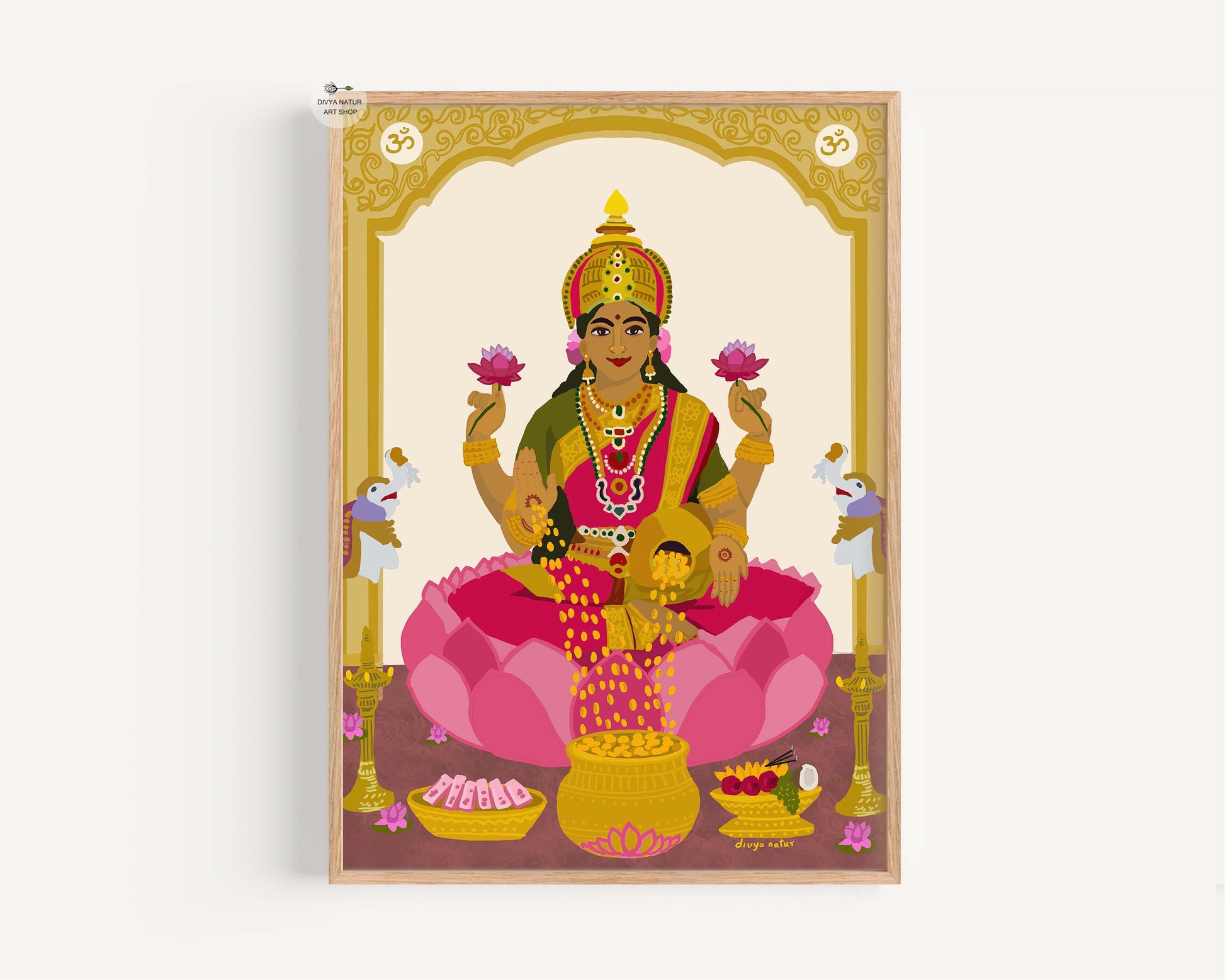 Sacred Lakshmi wall decor with coins, diyas, and temple pillar illustration