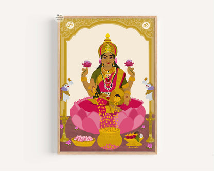 Sacred Lakshmi wall decor with coins, diyas, and temple pillar illustration