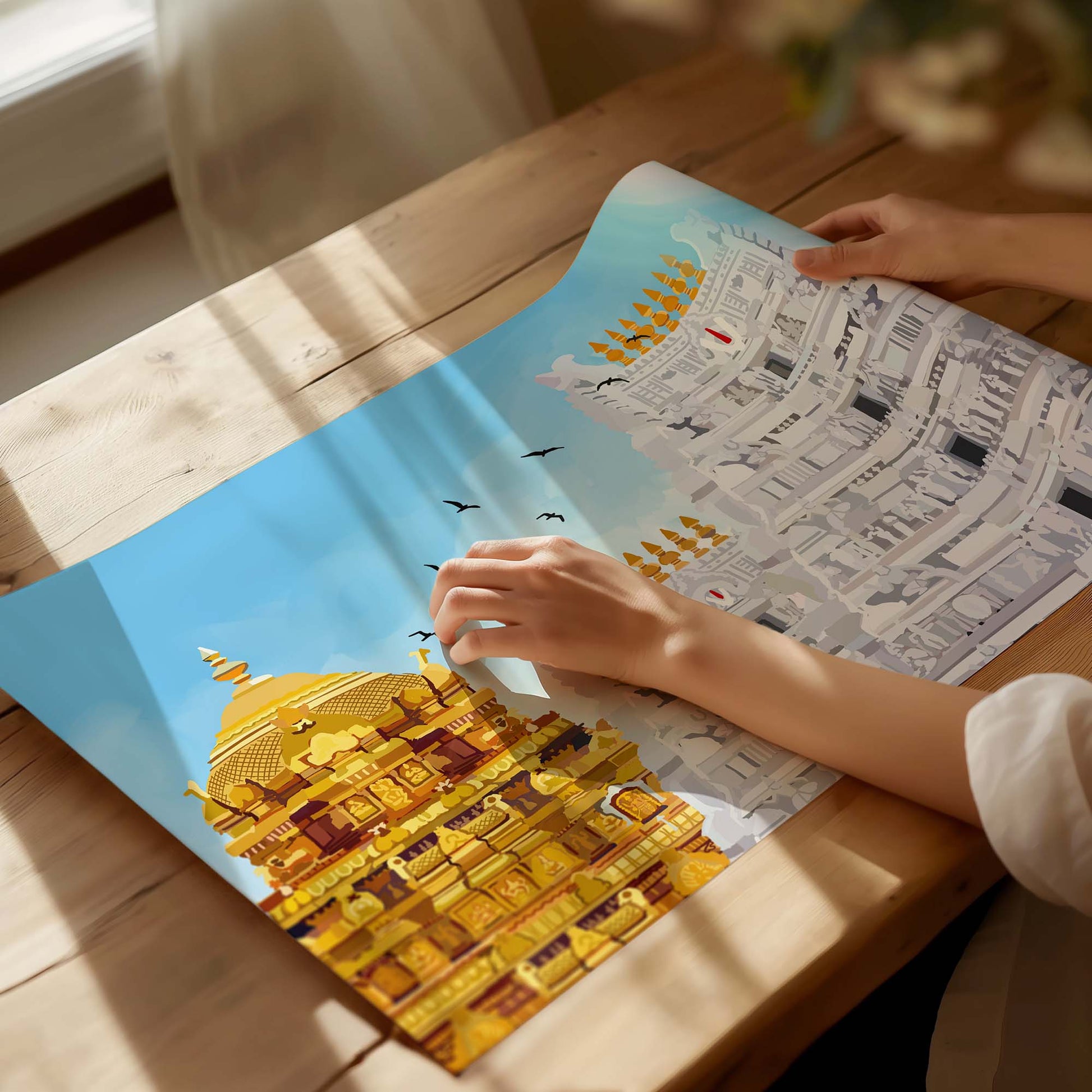 Tirupati Balaji temple wall art featuring serene golden dome and South Indian temple carvings