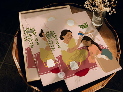 Indian cultural ritual artwork showing generational bonding