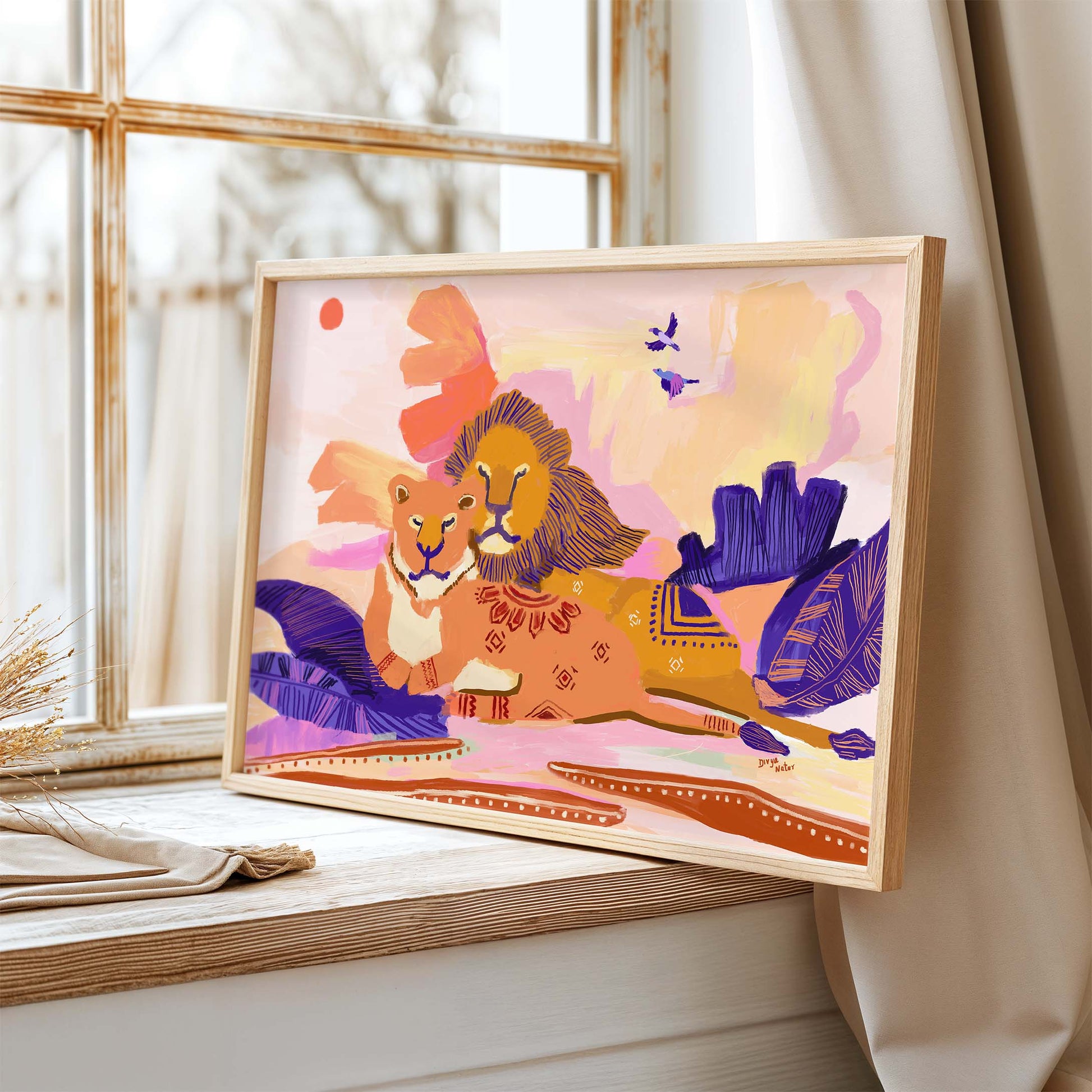 Vibrant wildlife print of lion couple with bold purple leaves and tribal patterns for boho interiors