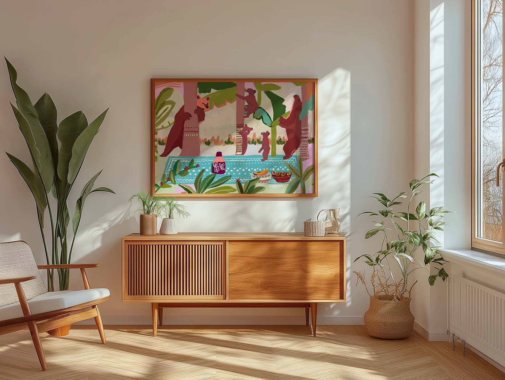 Folk-art style bear wall print with storytelling jungle picnic scene, modern giclée fine art