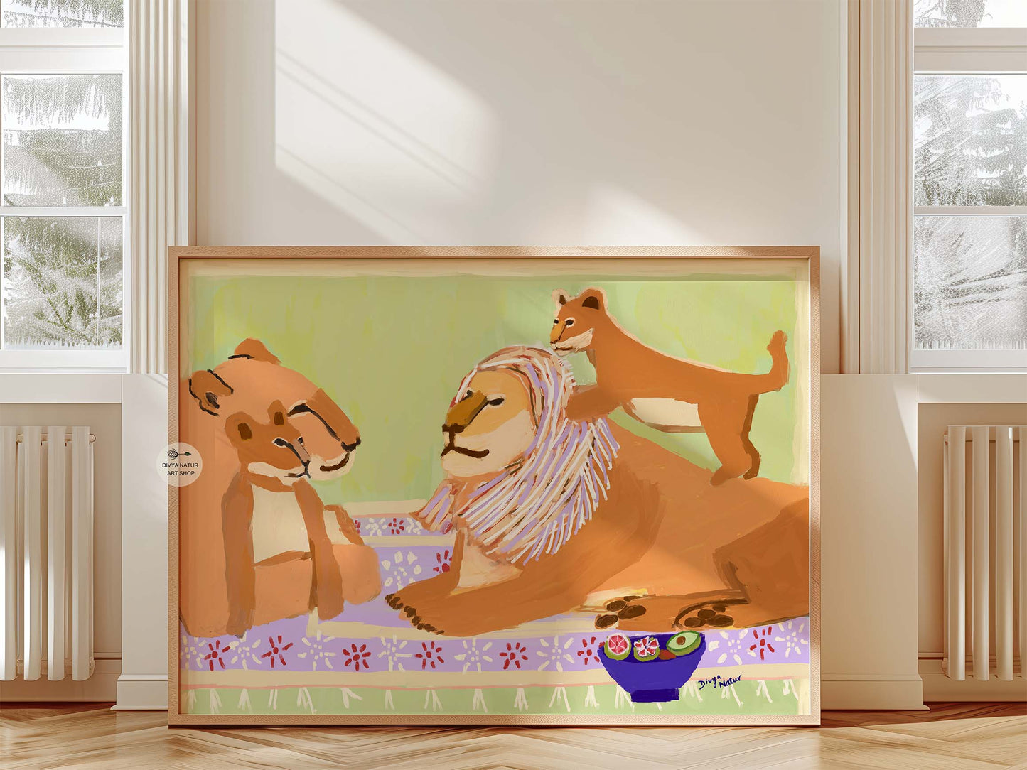 Heartwarming lion family illustration with playful cub climbing on father lion’s mane