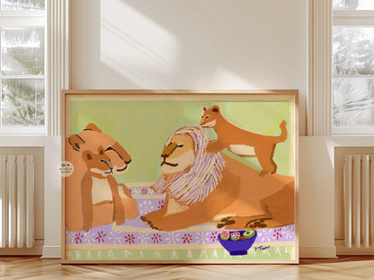 Heartwarming lion family illustration with playful cub climbing on father lion’s mane