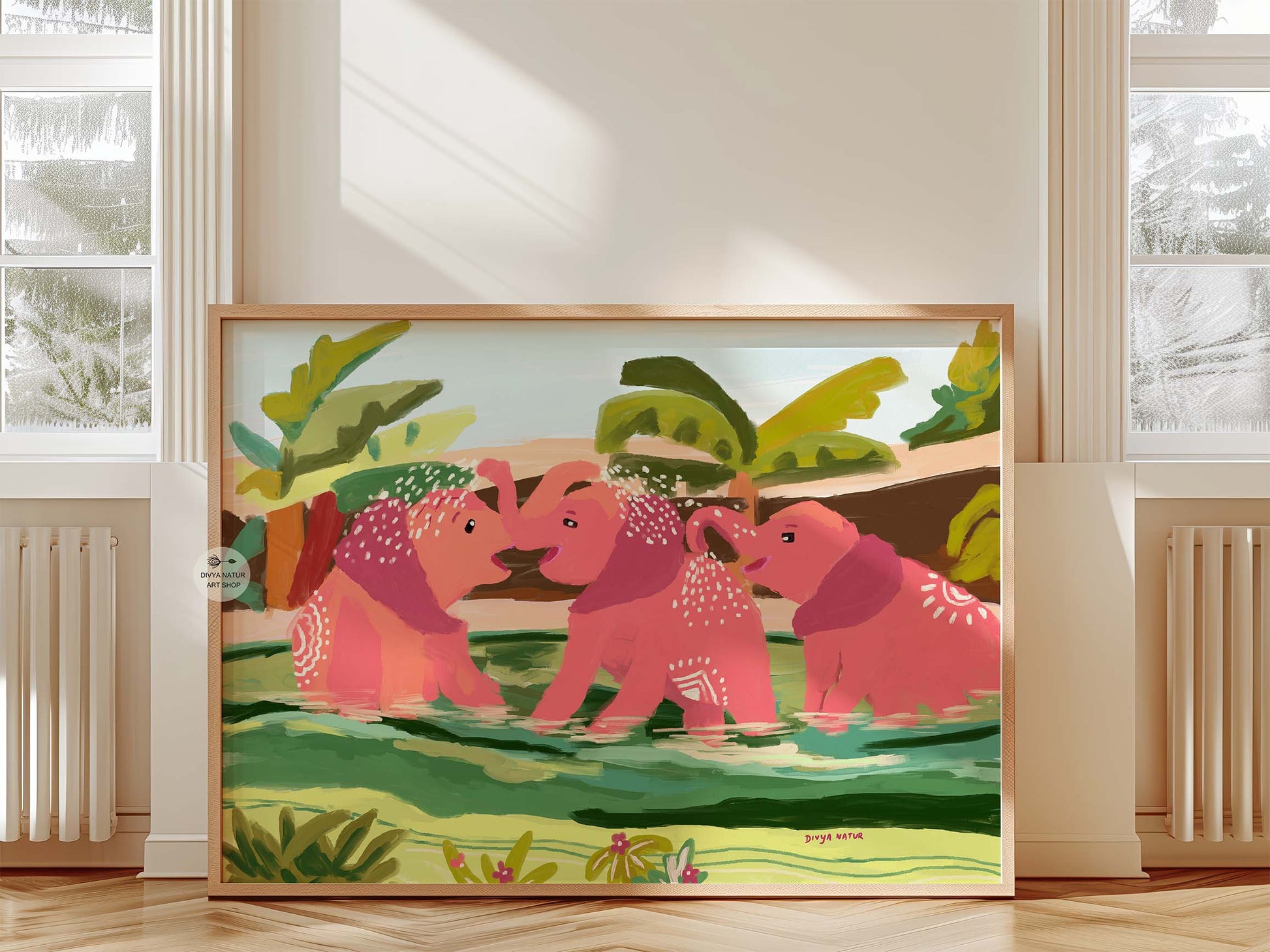 Three pink elephants with folk-inspired details in lush green river, archival giclée art print