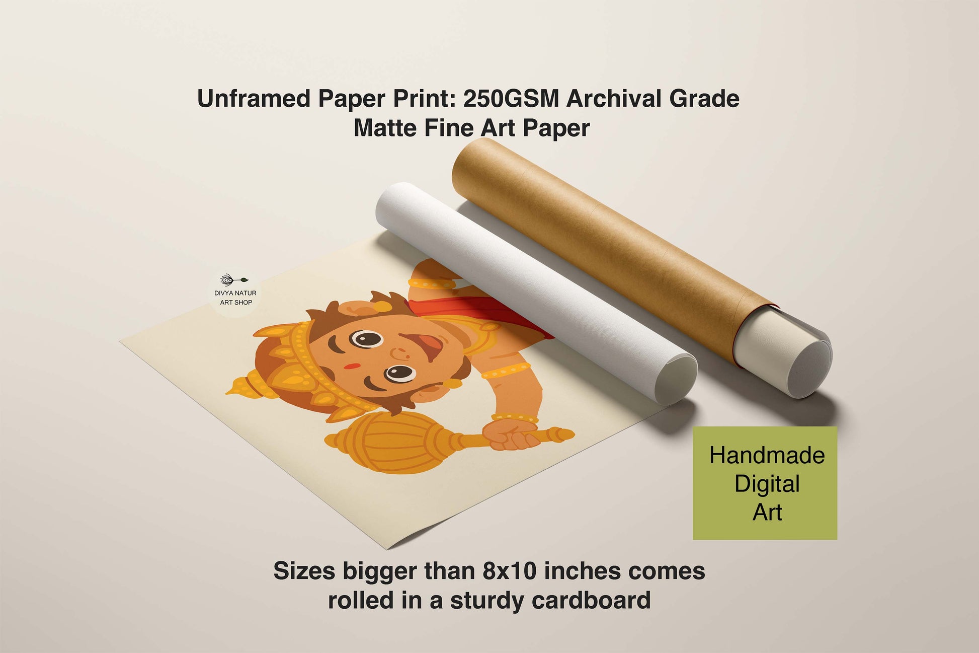 Spiritual nursery wall art of Baby Hanuman in vibrant, colorful illustration.