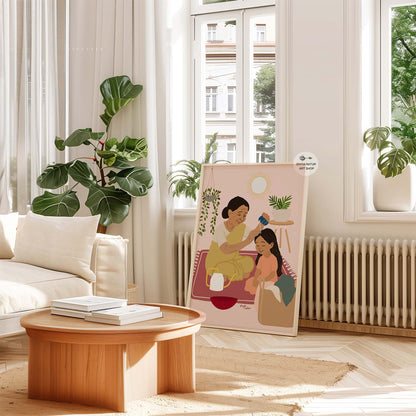 Grandmother and child bonding illustration for living room