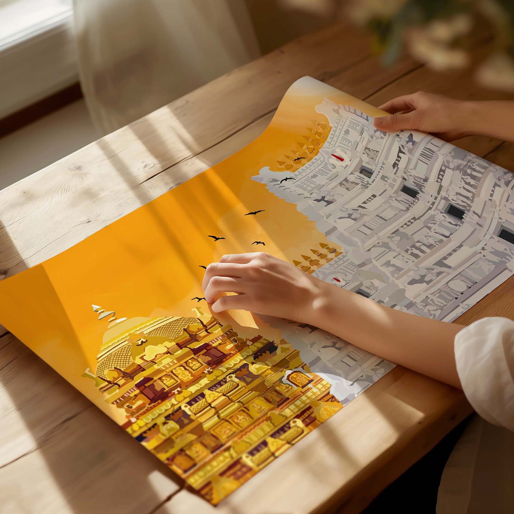 Premium Tirupati temple fine art print with festive orange backdrop for Navratri Golu décor