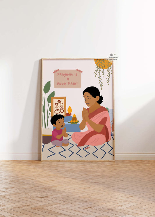 Hand illustrated mother teaching child prayer in front of Ganesha altar at home