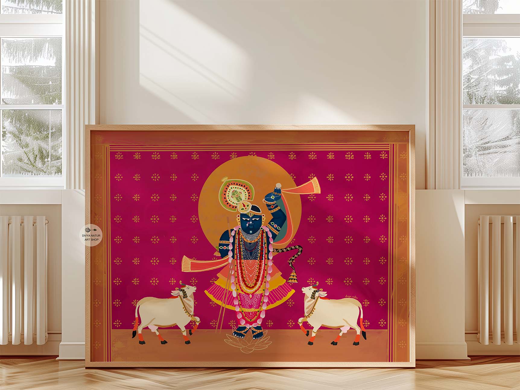 Vibrant Pichwai-inspired Krishna artwork for puja room or spiritual wall decor