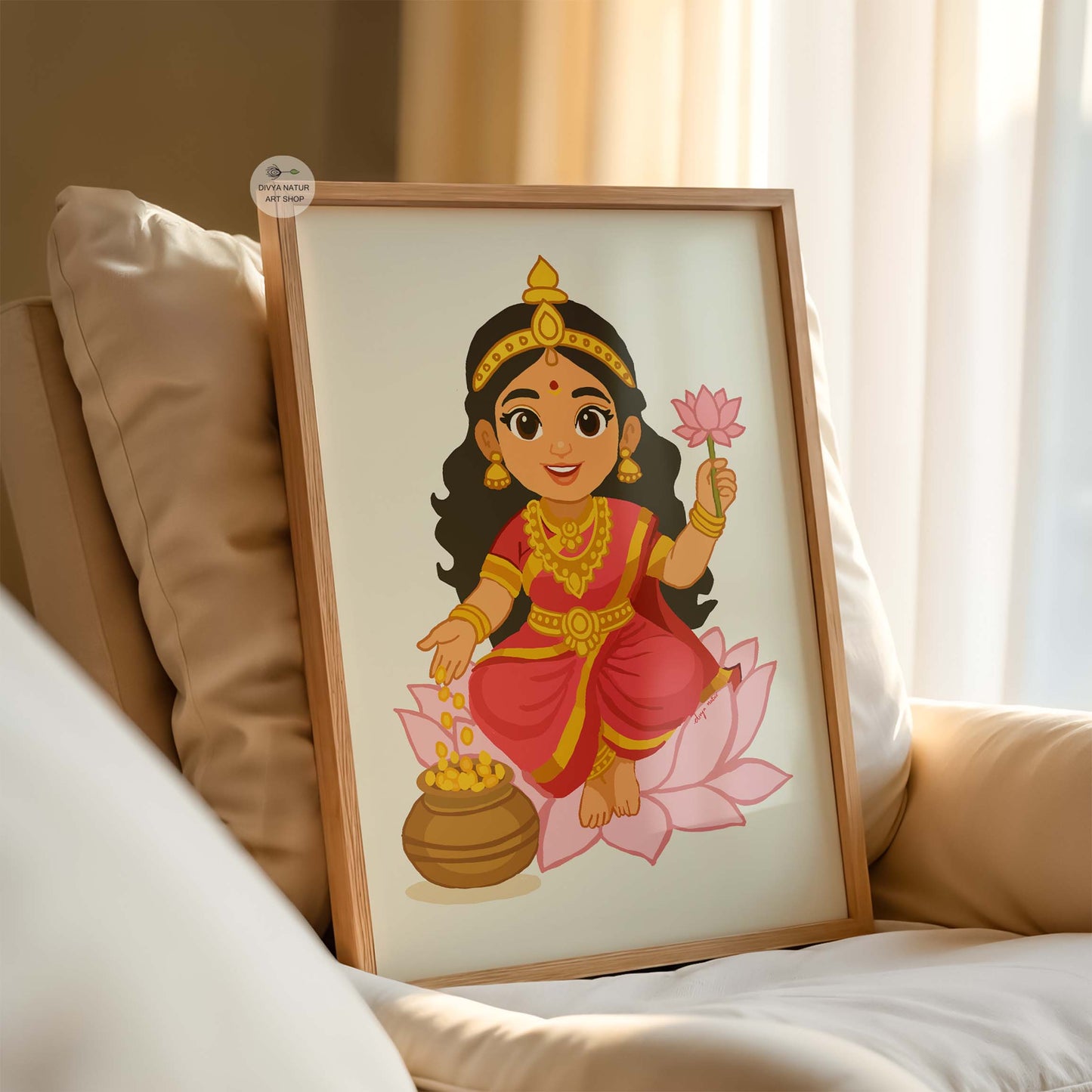 Hindu goddess Lakshmi seated on lotus with pot of gold, digital fine art print.