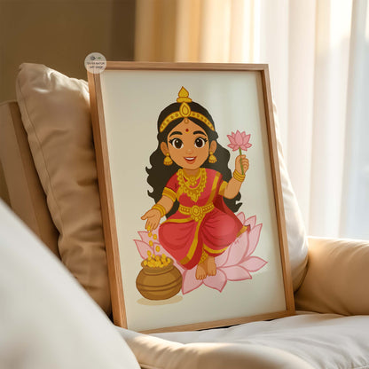 Hindu goddess Lakshmi seated on lotus with pot of gold, digital fine art print.