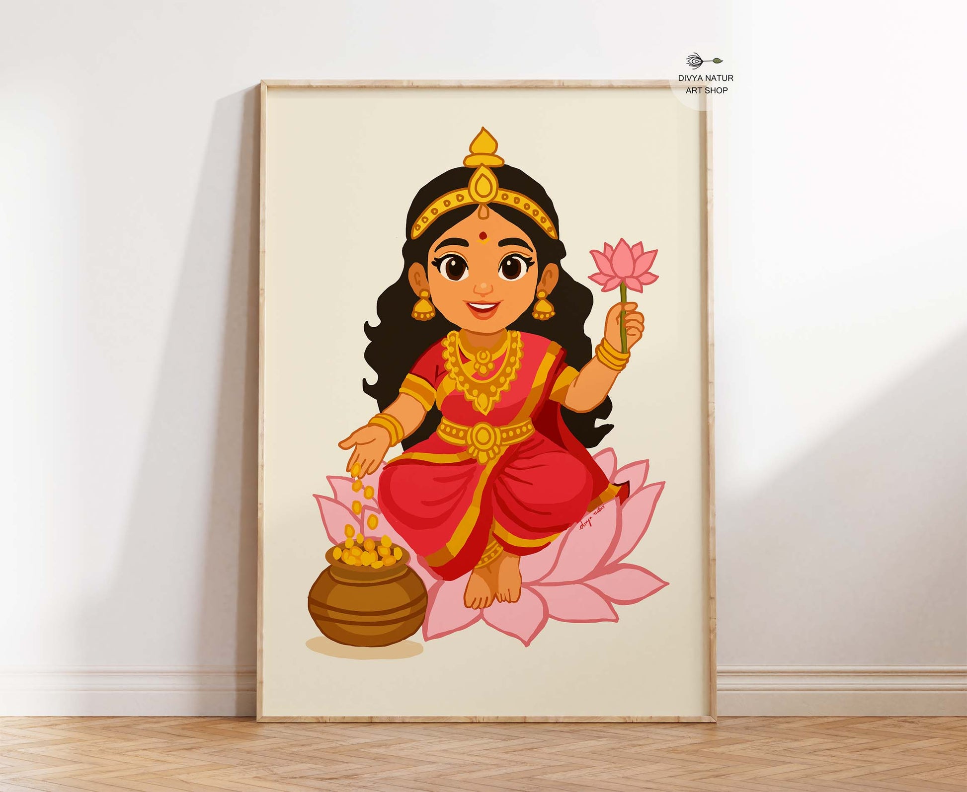 Baby Goddess Lakshmi art print symbolizing wealth, purity, and divine blessings.