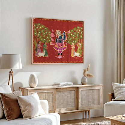 Vibrant red Krishna print with gopis and trees, ideal for temple walls, puja rooms, or meditation corners.