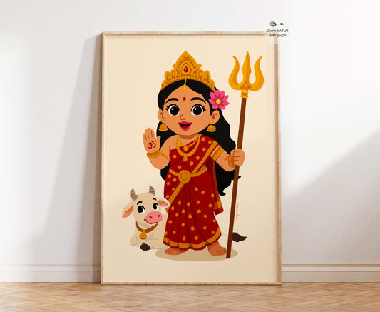 Baby Parvathi Devi art holding trishul with cute cow beside her, perfect for nursery or pooja decor