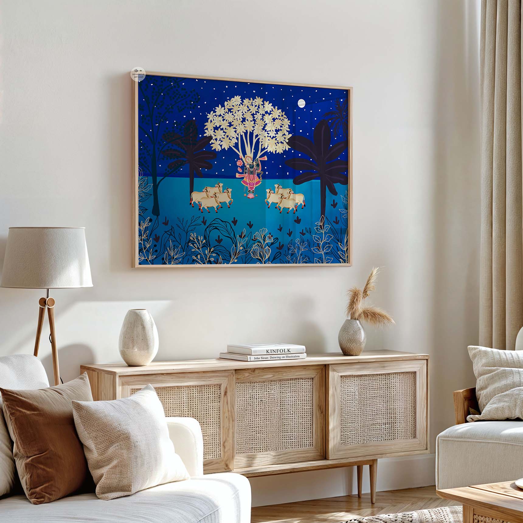 Blue and gold Pichwai-inspired art print for spiritual home decor.