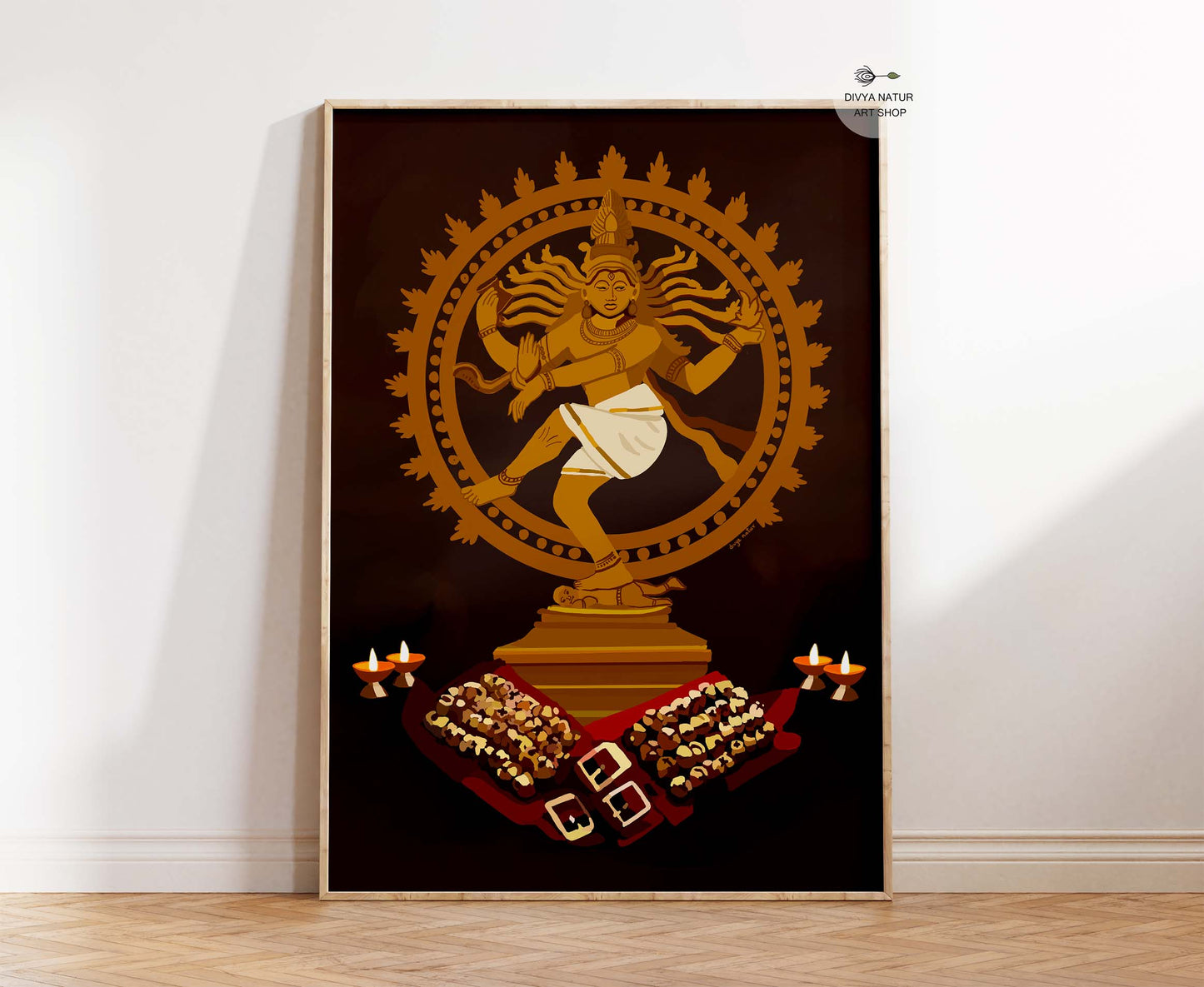 Fine art print of Lord Nataraja Shiva performing divine dance surrounded by lamps and offerings.