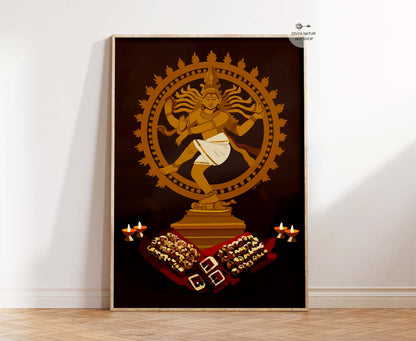 Fine art print of Lord Nataraja Shiva performing divine dance surrounded by lamps and offerings.