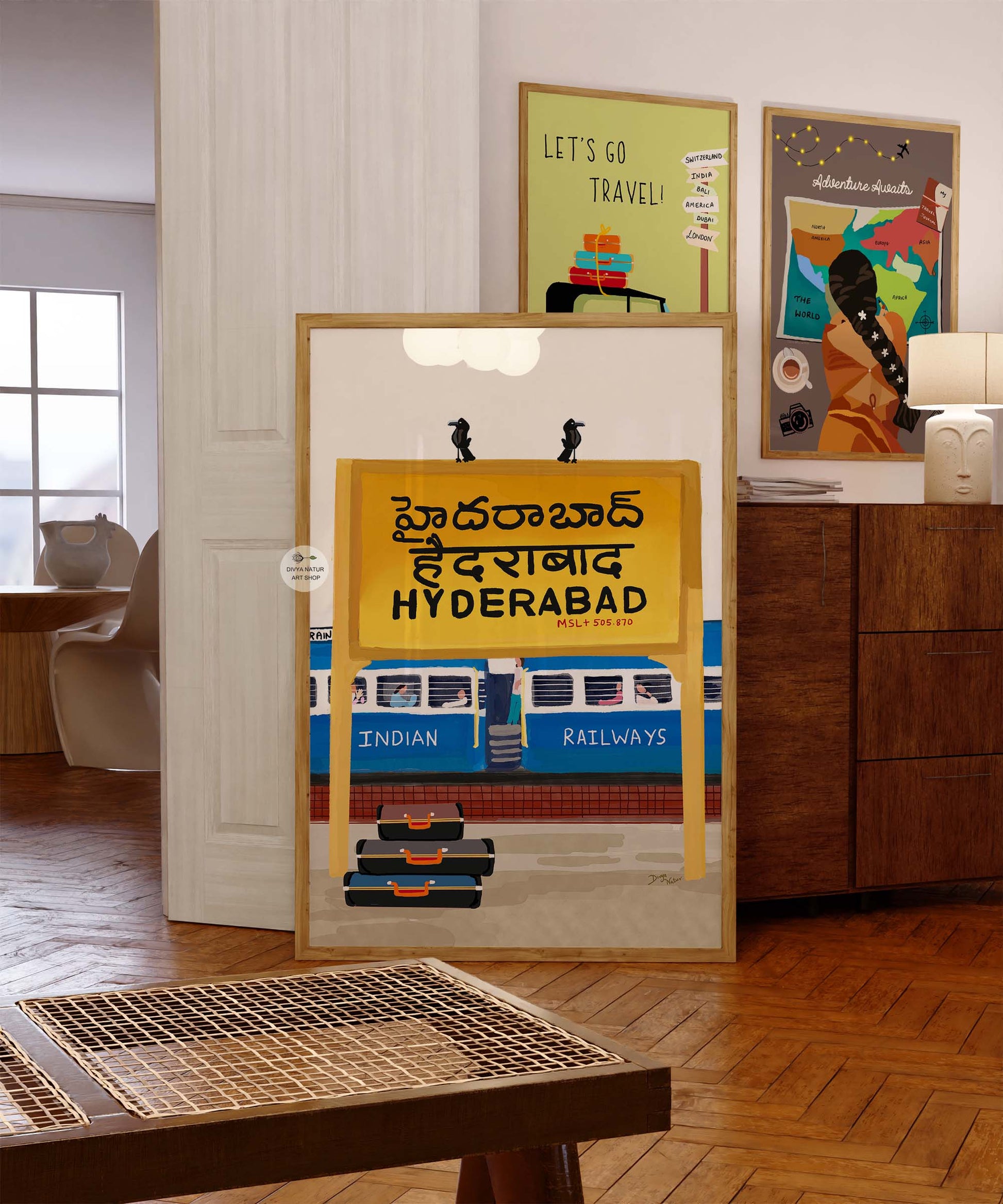 Nostalgic travel scene with a vibrant blue Indian train and luggage on the platform.