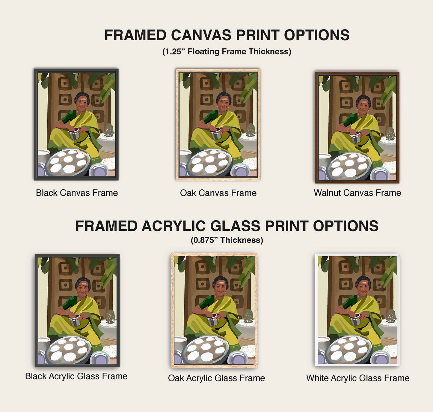 Framed canvas and acrylic glass print options with different frame colors on a white background.