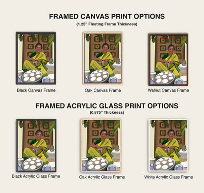 Framed canvas and acrylic glass print options with different frame colors on a white background.